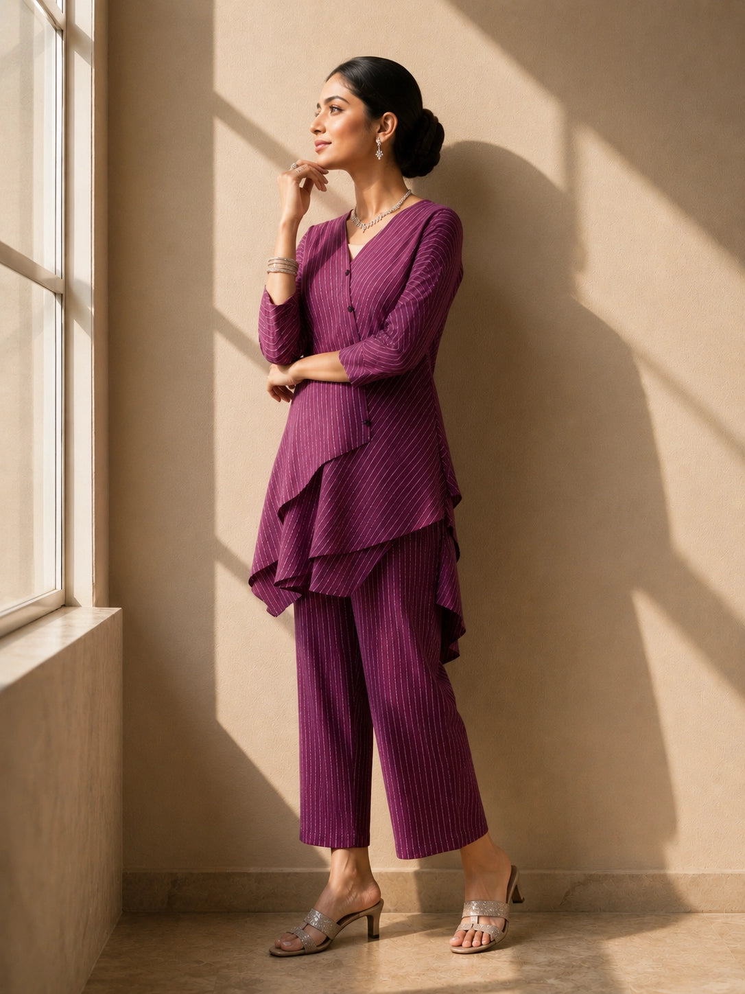 Woman wearing a purple striped V-neck top with layered hem and matching wide-leg pants.