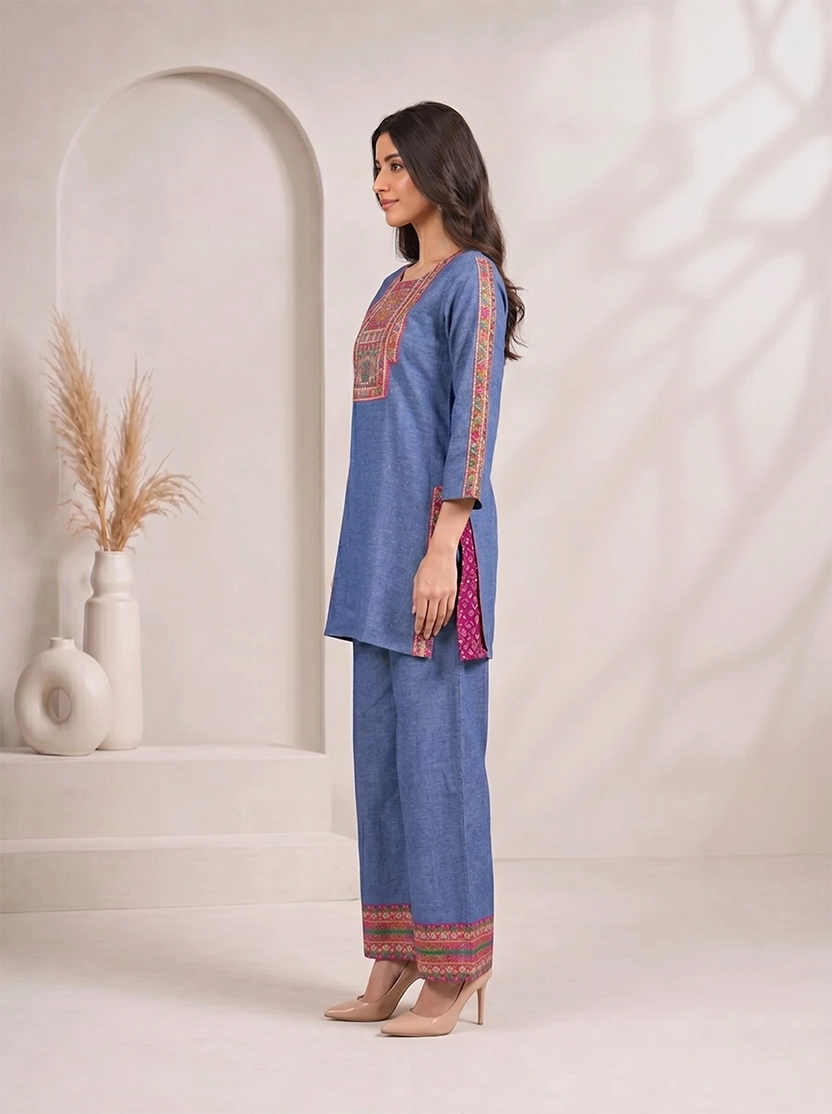 Woman wearing a blue embroidered kurta and matching wide-leg pants with a geometric border, styled with nude heels.