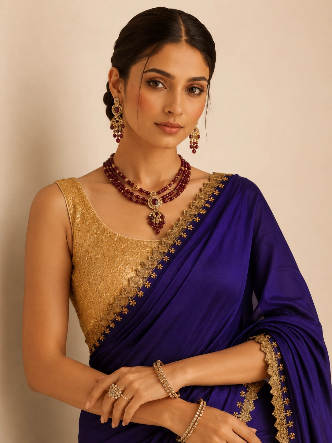 Woman in a purple saree with golden border and matching golden blouse.
