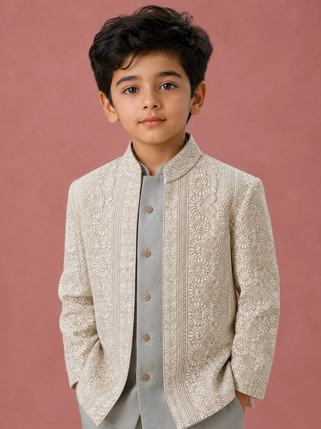 Young boy wearing a pista green Indo-Western suit with an intricately embroidered jacket.
