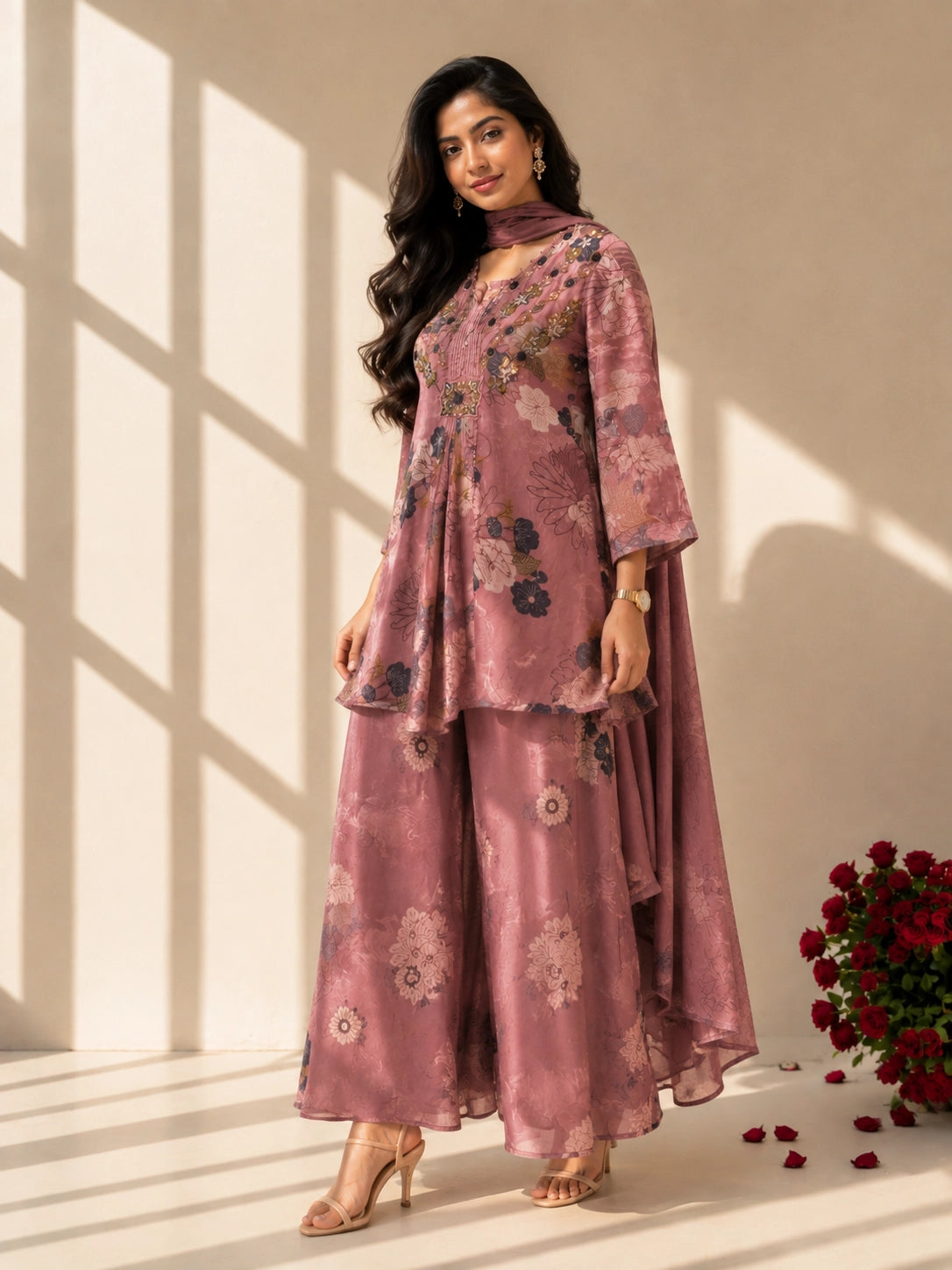 Woman in an elegant peach floral kurti set with palazzo pants and matching dupatta.