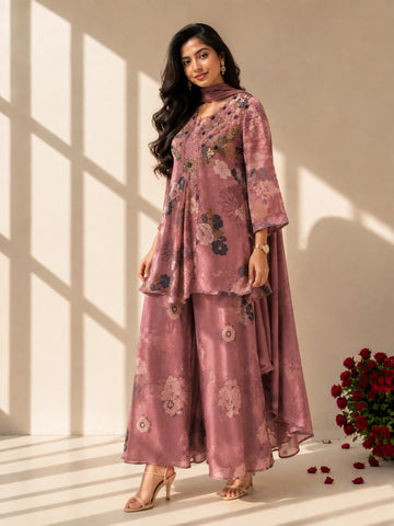 Woman in an elegant peach floral kurti set with palazzo pants and matching dupatta.