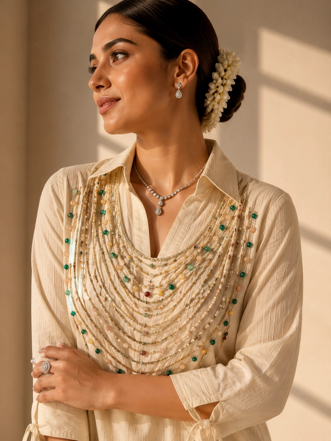 Woman wearing an elegant beige embroidered kurti with wide-leg palazzo pants.