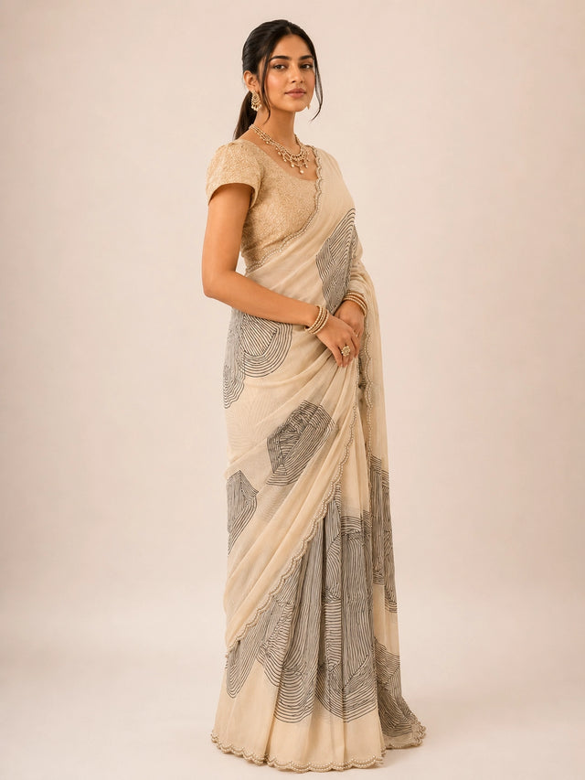 Woman in cream  saree with black abstract print and gold embellished blouse.