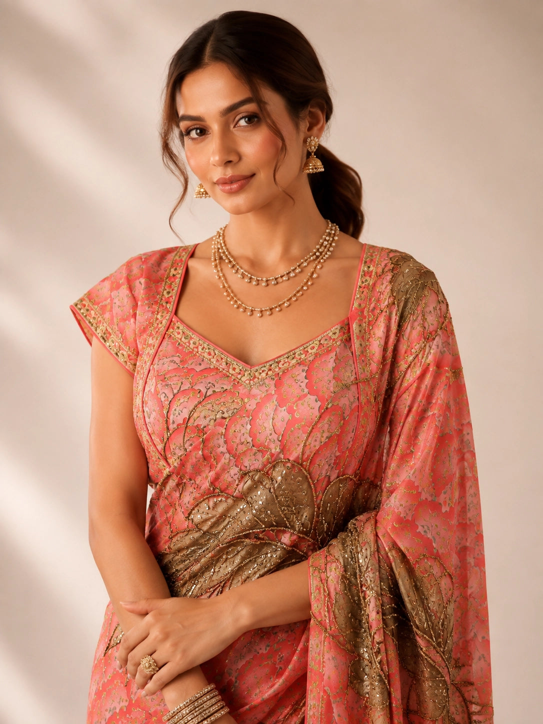 Woman in an elegant peach saree with intricate gold embroidery and matching blouse.