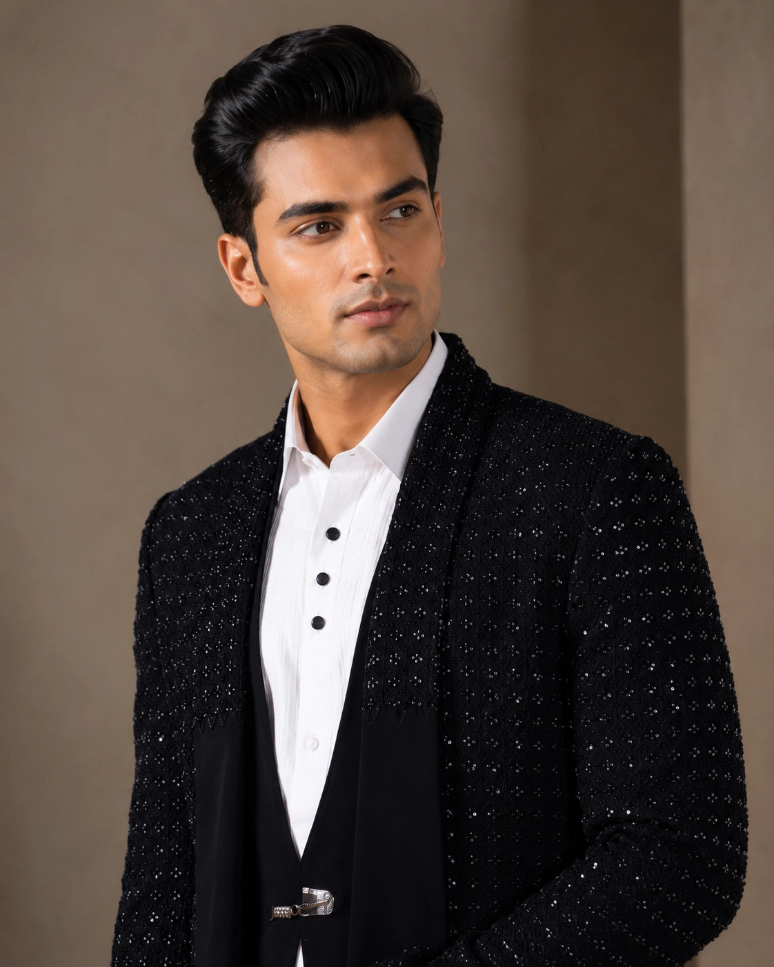 A classic navy taxido suit, perfect for formal events and special occasions.