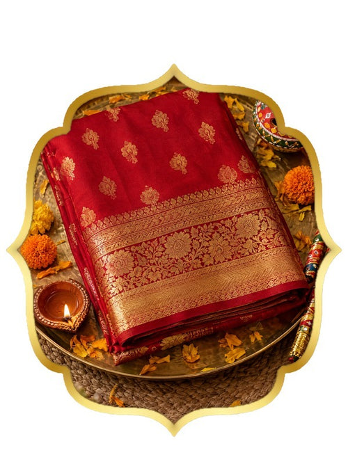 Red Banarasi bridal saree with diya and dandiya