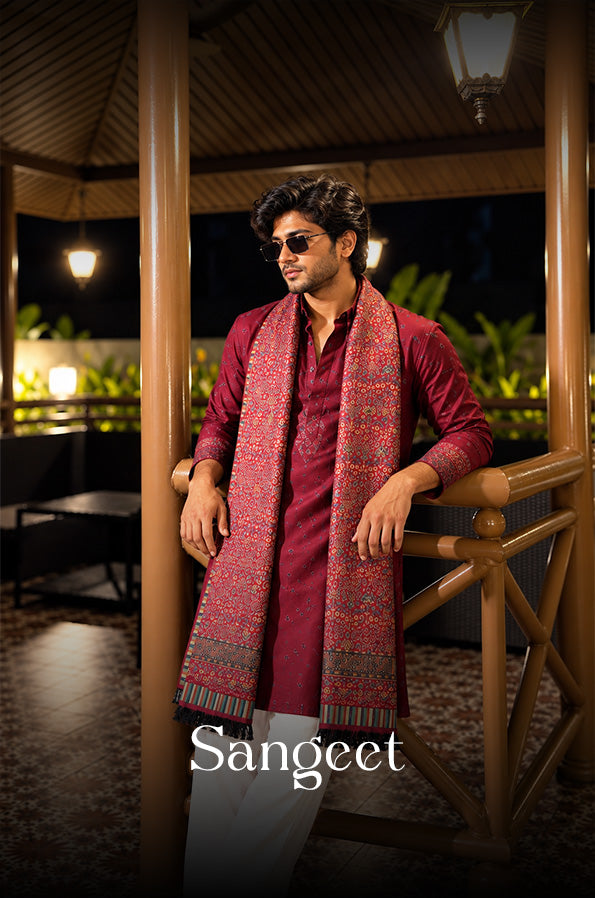 Sangeet — maroon kurta with shawl